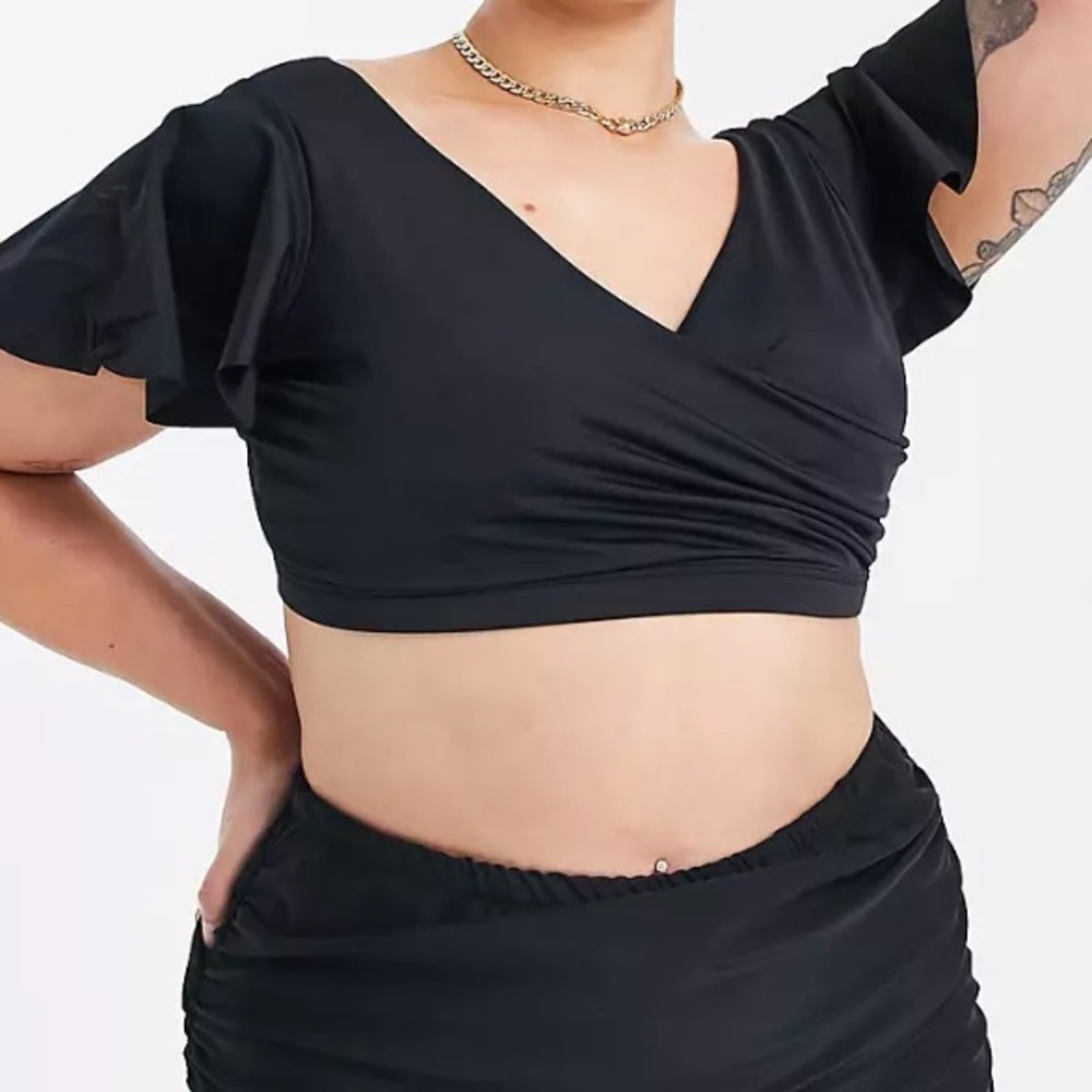 Scoop back black V plunge neck flutter sleeve wrap bikini top